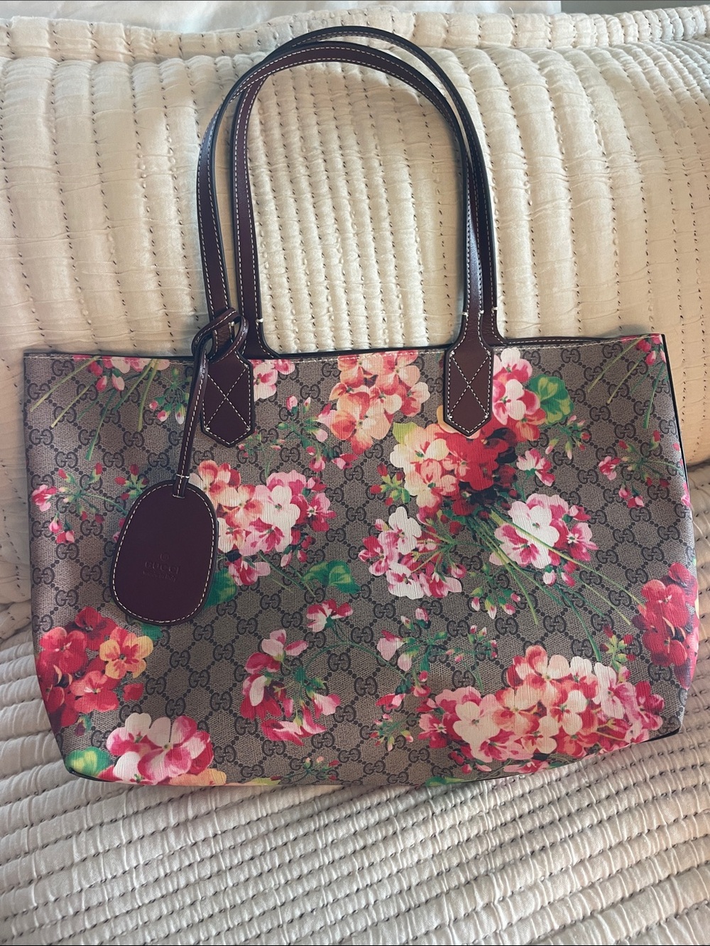 Authentic Gucci Leather Reversible Floral Monogram Tote - Pink, Red & Green
